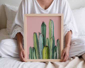 Watercolour Cactus Art Print: Green and Pink Cactus Wall Art, Digital Download (P894)