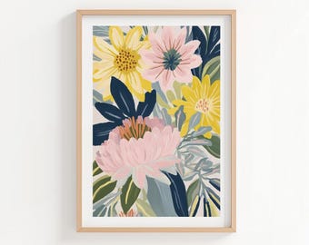 Pastel Floral Art Print: Pink, Yellow and Grey Cottage Core Botanical Wall Decor (Digital Download, P856)