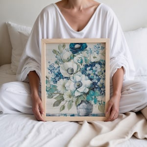 Printable Floral Art Print, Digital Art Print, Floral Wall Art, Flowers, Blue flowers in Vase, Digital Download (P614)