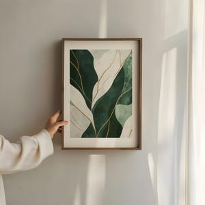 Printable Abstract Leaf Art Print, Digital Art Print, Peach, Green Leaves, Green and Gold Wall Art, Digital Download (P182)