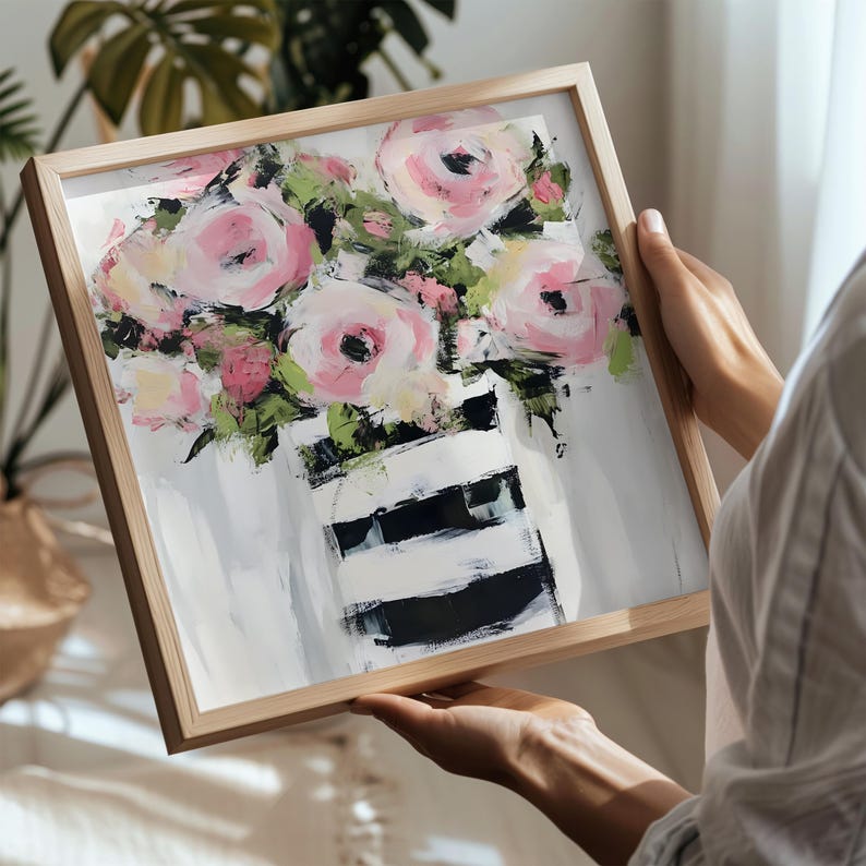 Printable Abstract Floral Art Print, Pink Roses in Black and White Vase ...