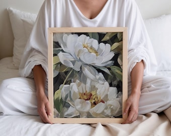White Peony Floral Art Print, Modern Botanical Wall Decor, Digital Download (P960)