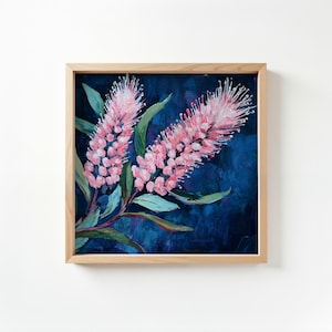 Printable Floral Art Print, Native Australian Flora, Floral Wall Art, Pink Bottlebrush on Navy Background, Digital Download (P649)
