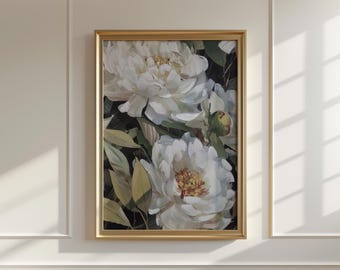 White Peony Floral Art Print, Modern Botanical Wall Decor, Digital Download (P961)