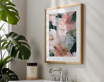 Abstrakt Blumen Illustration: Rosa & Grün Botanische Wand Dekoration (Digitaler Download, P755)
