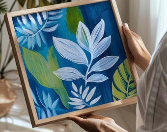 Printable Abstract Bright Floral Art Print, Blue, White and Green Floral Wall Art, Floral Digital Art Download (P433)