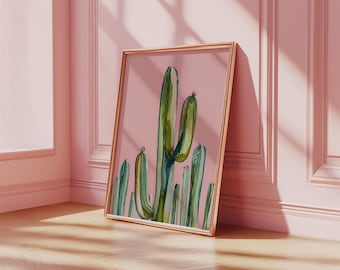 Watercolour Cactus Art Print: Green and Pink Cactus Wall Art, Digital Download (P893)