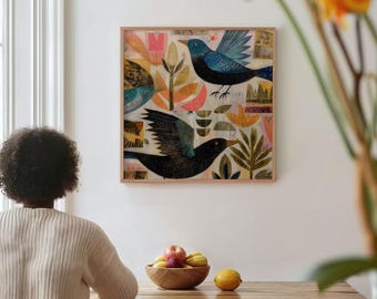 Whimsical Bird Art Print, Folk Wall Decor, Modern Boho Painting, Digital Download (P1065)