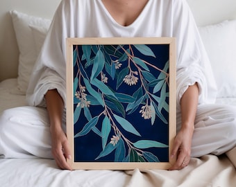 Printable Abstract Floral Art Print, Native Australian Art Print, Wall Decor, Blue and Green Gum Leaves, Digital Download (P409)