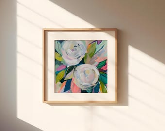 Druckbare abstrakte helle Blumen Kunstdruck, rosa, weisse Rosen, Blumen Wandkunst, Blumen digitale Kunst Download (P160)