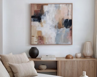 Stampa artistica astratta moderna, arte murale marrone, blu e rosa, dipinto minimalista con pennellate, arredamento contemporaneo per la casa, download digitale (P933)