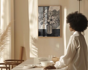 May include: A black and white illustration of a bouquet of flowers in a vase, framed and hanging on a wall. The illustration is in a modern style with bold lines and shapes. The vase is striped and the flowers are stylized.