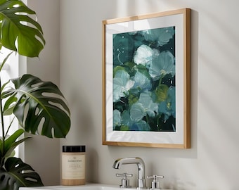 Abstract Teal Floral Wall Art Print, Textured Botanical Decor, Digital Download (P1090)