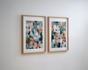 Set of 2 Abstract Floral Wall Art Prints - Green, Peach, Teal & White Wall Decor | Spring Home Decor, (Digital Download) P822