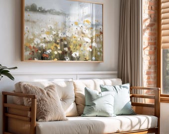 May include: A framed landscape painting depicts a field of white, yellow, and red wildflowers. Below, a light-colored daybed with a wooden frame is adorned with pillows in shades of beige, light blue, and a fluffy tan pillow.
