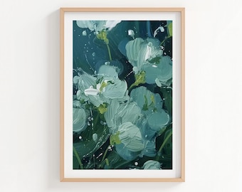 Abstract Teal Floral Wall Art Print, Textured Botanical Decor, Digital Download (P1091)