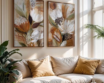 Set of 2 Floral Wall Art Prints: Boho Botanical, Abstract Flower Painting, Modern Rustic Home Decor, Digital Download (P994)