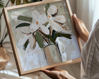 May include: A framed painting of white flowers in a vase with a green background. The flowers are painted in a loose, abstract style.