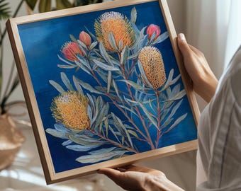 Printable Abstract Floral Art Print, Native Australian Flora, Bright Banksia Floral Wall Art, Botanical Art, Digital Art Download (P636)