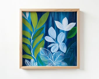 Printable Abstract Bright Floral Art Print, Blue, White and Green Floral Wall Art, Floral Digital Art Download (P431)