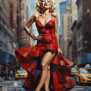 May include: A woman in a red dress stands in the middle of a city street. The dress is made of many red squares and the woman is wearing red high heels. The street is lined with tall buildings and there are yellow taxis in the background.