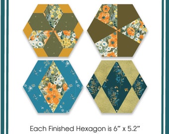 PIECED HEXAGON tutorial English Paper Piecing EPP, 4 Different Blocks, Precut Pieces, Instructions, Great for Beginners, #1002