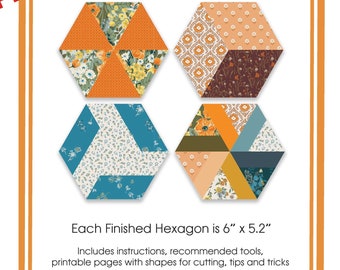 Digital Download, PIECED HEXAGON tutorial English Paper Piecing EPP, 4 Different Blocks, Instructions, Templates, Great for Beginners, #1001