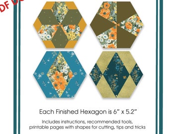 Digital Download, PIECED HEXAGON tutorial English Paper Piecing EPP, 4 Different Blocks, Instructions, Templates, Great for Beginners, #1002
