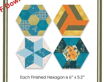 Digital Download, PIECED HEXAGON tutorial English Paper Piecing EPP, 4 Different Blocks, Instructions, Templates, Great for Beginners, #1003