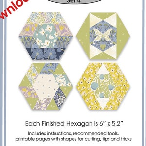 Può includere: Un download PDF con cornice bianca con un tutorial di quilting intitolato "Hexagon Unchained". Il design include quattro esempi di esagoni con motivi floreali e a farfalla. Ogni esagono finito misura 15,2 cm x 13,2 cm. Include istruzioni, strumenti e pagine stampabili.