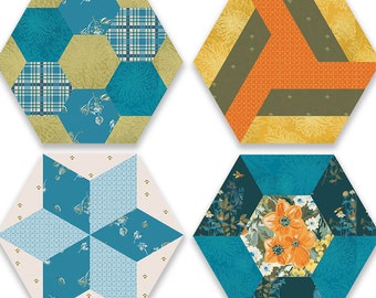 PIECED HEXAGON tutorial English Paper Piecing EPP, 4 Different Blocks, Instructions, Precut Paper, Great for Beginners, #1003