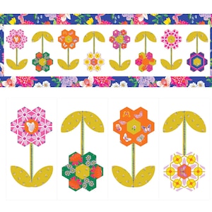 May include: A floral quilt design featuring a row of stylized flowers with hexagonal petals and butterfly accents. The flowers are set against a white background, framed by a blue border with floral patterns. The quilt's design incorporates various colors, including pink, orange, green, and yellow.