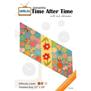 May include: A colorful quilt pattern titled "Time After Time" with a floral design and hexagonal patchwork. The finished size is 22 x 59 inches. The image includes the text "the stitch" and "an ett and eddie pattern".