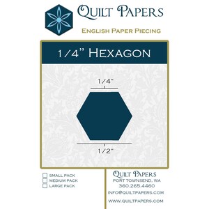 May include: A dark teal hexagon shape with dimensions labeled as 1/4 inch and 1/2 inch, displayed on a white background with a floral pattern. The text "1/4" HEXAGON" is above the shape. The Quilt Papers logo and contact information are also visible.