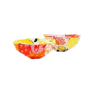 May include: Two colorful, patterned bowls. The bowls feature a variety of designs, including lemons, flowers, and hearts, in shades of red, orange, yellow, and white. The bowls are set against a white background.