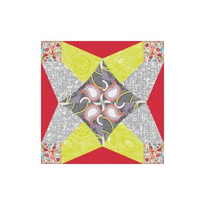 May include: A colorful quilt block with a starburst design. The block features a central paisley pattern in gray, purple, and white, surrounded by lime green, red, and dotted white and gray fabrics. Small floral accents are in the corners.