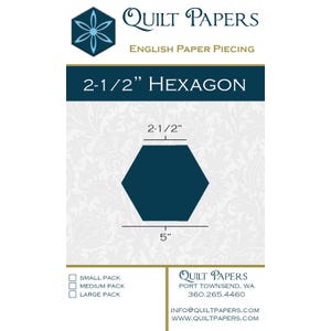 May include: A dark blue hexagon paper template for English paper piecing by Quilt Papers. The graphic displays a 2-1/2 inch top edge and a 5 inch bottom edge. The design includes checkboxes for small, medium, and large packs, plus contact details.