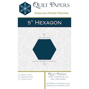 May include: A dark blue hexagon paper template for English paper piecing, labeled 5 inch hexagon with a 5 inch top edge and 10 inch bottom edge. The Quilt Papers logo, contact information, and pack size checkboxes are visible on the white background.