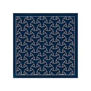 May include: A square dark blue fabric panel featuring a repeating white stitched pattern of interlocking curved shapes. The design consists of a grid of rounded geometric forms outlined with dashed white lines, creating a continuous interconnected motif across the entire surface.