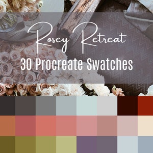 Rosey Retreat, Procreate Colour Palette, 30 Colours, Vibrant Succulent Swatches for illustration and design on iPad.