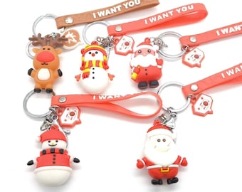 Christmas Keychain, Santa Claus Snowman Reindeer Keyring, Silicone Strap Charm, Winter Present for Kids Adults