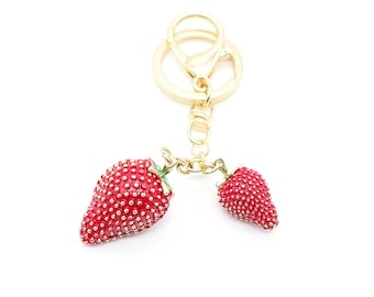 Double Strawberry Keychain, Cute 3D Fruit Keyring, Elegant Gold Summer Red Berry Accessory, Creative Jewelry Gift for Women Girls