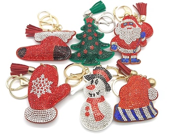 Christmas Keychain, Crystal Santa Claus Snowman Reindeer Keyring, Bling Tree Sock Glove Accessory, Winter Present for Kids Adults
