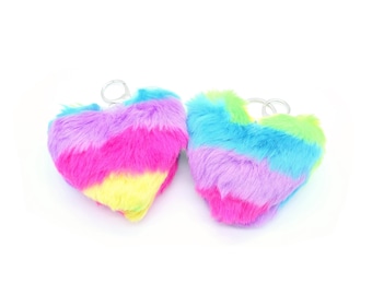 Fluffy Faux Fur Heart Keychain, Colorful Rainbow Keyring, Soft Synthetic Multicolored Pendant, Cute Valentine Day Gift for Women Daughter