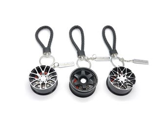 JDM Tuning Wheel Rim Keychain, Car Fan Brake Disc Keyring, Hellaflush Faux Leather Strap, Creative Automotive Auto Parts Gift for Men