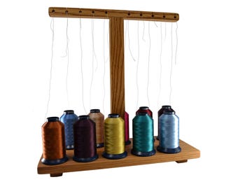 Soporte para 10 carretes de hilo para costura y bordado, hecho a mano en roble.