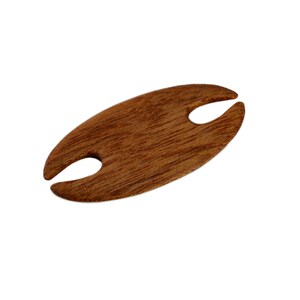 May include: A wooden wine bottle holder with two cutouts for holding a bottle. The holder is brown and has a natural wood grain.