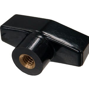May include: A black T-handle knob with a brass threaded insert. The knob has a rectangular handle and a cylindrical base. The surface is glossy and reflects light. This hardware component is designed for easy grip and turning.