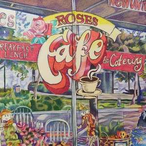 CAFE OF ROSES schizzo colorato a matita su carta