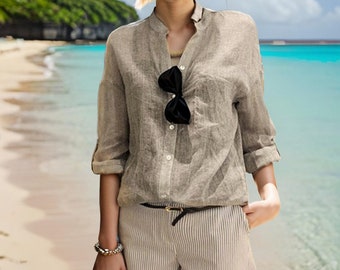 Koszula lniana Koszula z domieszką bawełny i lnu Koszula plażowa Koszula damska Bluzka Urocza odzież plażowa Prezent dla niej Odzież na wakacje